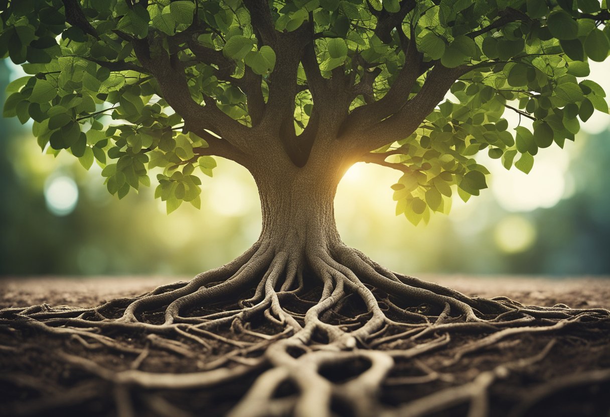 A flourishing tree with deep roots symbolizing sustainable growth, surrounded by interconnected pathways leading to various business expansion opportunities